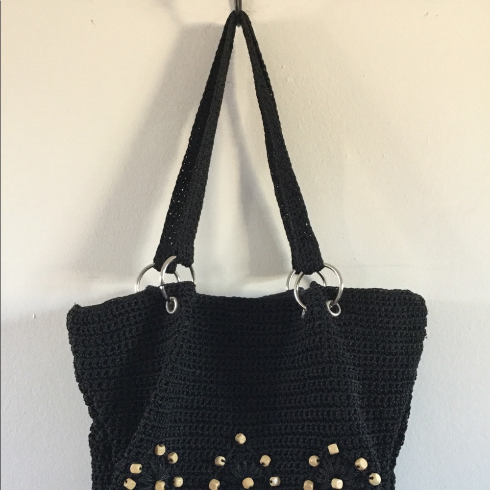 Black Crochet Shoulder Purse with wood beads